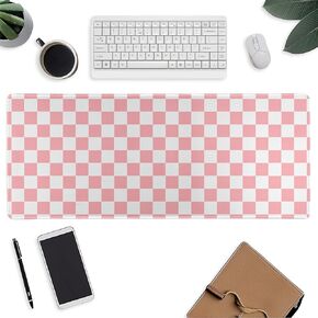 PINK WHITE CHECK MOUSE PAD MAMING PAD PAD المكتبي الممتدة مع حافة مخيط ولوحة مفاتيح قاعدة مطاطية غير قابلة للانزلاق لمكتب الكمبيوتر المحمول والمنزل ، 31.5 × 11.8 بوصة