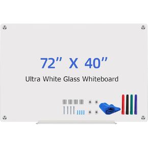 INNOVART Glass Whiteboard, 72" x 40" Magnetic Glass Dry Erase Board with Markers, Eraser, Mark Tray and Magnets, Ultra White Frameless Glass Board Glossy Surface for School, Office, Commercial, etc.