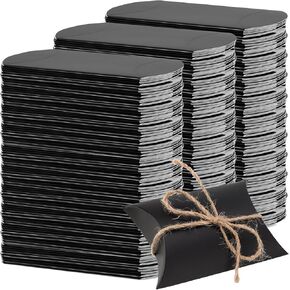 LEXININ 150 Pack 5 x 3.5 Inches Black Pillow Boxes, Large Black Pillow Boxes with Jute Twins, Kraft Party Favor Pillow Candy Box for Birthday, Wedding Party