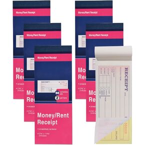 6 Pack Receipt Book with Carbon Copies, Money and Rent Receipt Book for Small Business, 2-3/4" x 7-3/16", 2-Part Carbonless, 50 Sets per Book