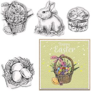 Threetols Easter Clear Stamps for Card Making, Bunny Eggs Clear Rubber Stamp Rabbit Flower Bow Stamps for Holiday Card Making Decor DIY Scrapbooking Transparent Album Decor Paper Craft