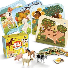 Wooden Farm Animal Puzzles for Kids Ages 4-6, 4 in 1 Gift Box 4-Pack 20-Piece Jigsaw Puzzles Come with 4 Small Animal Figures,Preschool Educational Toys Gifts for Kids Boys Girls Ages 3+