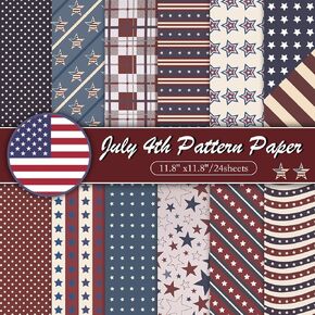 Konsait 24 Sheets Patriotic Scrapbook Paper 12x12 Vintage Double Sided Scrapbook Paper Red White And Blue Decorative Paper Pattern Paper 4th of July Crafts Patriotic Crafts Scrapbook Supplies