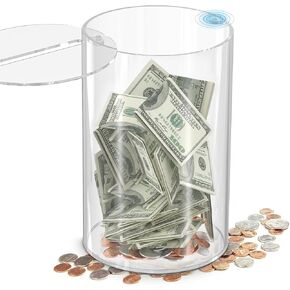 Clear Tip Jar - Acrylic Donation Box w/Magnetic Lid & Money Slot - Coin Jar for Small Business & Home Savings - Safe & Stylish Donation Jar - Modern Cash Box - Sturdy Bartender Accessories
