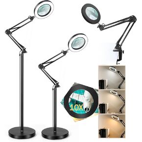 10X Magnifying Glass with Light and Stand, 3-in-1 Magnifying Floor Lamp Adjustable Swing Arm Stepless Dimmable 3 Color Modes, LED Lighted Magnifier for Close Work Reading Repair Painting Crafts