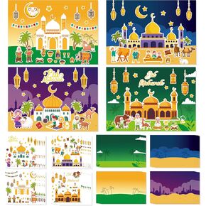 COcnny 48pcs Eid Mubarak Craft Kit, Mosque Scene Stickers for Kids, Make Your Own Ramadan Kareem Scene Decal, Religious Label DIY Art Ornament for Eid Al-fitr Party School Classroom Favor Supplies