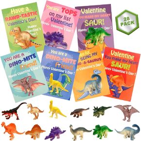 28 Pack Valentine Day Cards for Kids with Dinosaur Figure Toys for Valentine Classroom Gifts, Kids Valentine Exchange Cards, Kids Valentine Party Favors and Valentine’s Greeting Cards Ideas