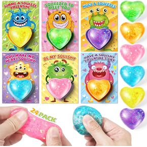 OCHIDO Kids Valentines Day Greeting Cards With Heart Shape Squeeze Toys,24 Pack Kids Valentine Exchange Cards for Girls Boys School Class Exchange Gifts,Classroom Prizes, Bulk,Valentine Party Favor