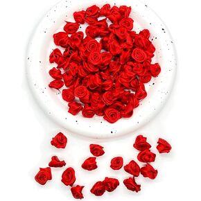 200PCS Red Ribbon Roses, Mini Ribbon Roses, Artificial Fabric Flowers, Ribbon Flowers Applique for Crafts Sewing Embellishment Craft DIY Decoration, Tiny Satin Roses for Wedding Bride Gift Wrapping