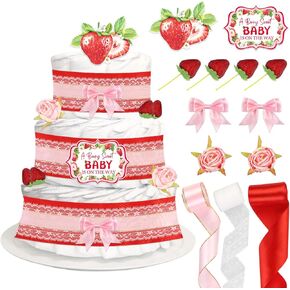 Baby Shower Strawberry Diaper Cake Decorations, Birthday Party Diaper Cake Supplies Red Pink, Include Ribbon, Bow Tie, Cake Toppers, Artificial Flowers and Strawberry(Diaper Not Included)