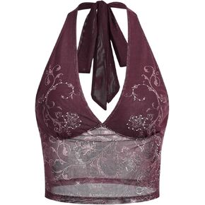 COZYEASE Women's Y2K Sheer Mesh Tie Back Halter Top Floral Print Rhinestone Cami Tops Backless Crop Tee