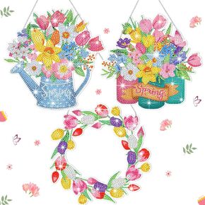 Menkxi 3 Set 5D Spring Diamond Painting Hanging Sign Spring Tulip Spray Bottle Diamond Painting Kits DIY Crystal Paint Arts and Crafts Set Diamond Art Window Pendants for Garden Door