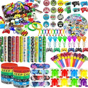 Video Game Party Favors Video Game Theme Keychain Stickers Chest Badge Bracelet Ring for Level Up Party Birthday Party Classroom Rewards Supplies (Multicolor)
