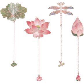 4Pcs Metal Bookmarks with Chain Plant Bookmark Golden Lotus Leaf Birthday Gifts Unique Teacher Christmas Gifts Literary Accessory Appreciation Stuffers for Book Lovers Writers Readers Women Adults