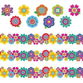 67 Pieces Spring Flower Bulletin Boards Decoration Set Included 37ft Bulletin Board Borders and 27 Pieces Flower Cutouts Offices Wall Decoration(Mixed Flowers)