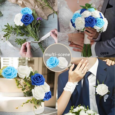 100 قطعة من الزهور الاصطناعية والورود البيضاء ذات المظهر الحقيقي والورود المزيفة بأوراق الشجر وباقات الزفاف DIY لتزيين حفلات الزفاف (أبيض) in Kuwait