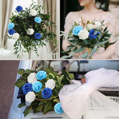 100 قطعة من الزهور الاصطناعية والورود البيضاء ذات المظهر الحقيقي والورود المزيفة بأوراق الشجر وباقات الزفاف DIY لتزيين حفلات الزفاف (أبيض) in Kuwait