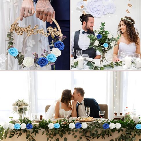 100 قطعة من الزهور الاصطناعية والورود البيضاء ذات المظهر الحقيقي والورود المزيفة بأوراق الشجر وباقات الزفاف DIY لتزيين حفلات الزفاف (أبيض) in Kuwait