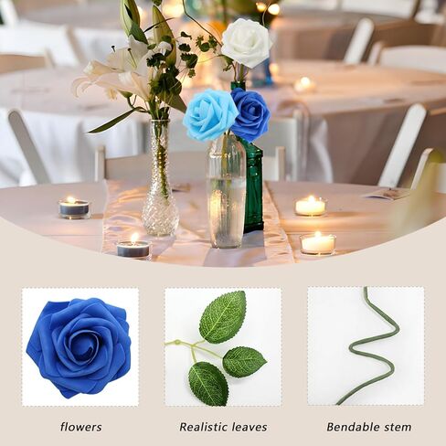 100 قطعة من الزهور الاصطناعية والورود البيضاء ذات المظهر الحقيقي والورود المزيفة بأوراق الشجر وباقات الزفاف DIY لتزيين حفلات الزفاف (أبيض) in Kuwait