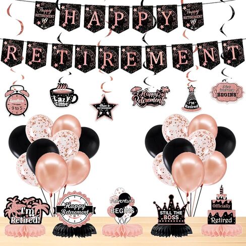 52PCS Retirement Party Decorations for Men Women,Black and Gold Happy Retirement Banners Balloons Cake&Cupcake Toppers Hanging Swirls,Office Retirement Yard Sign Congratulation Party Supplies in Saudi Arabia