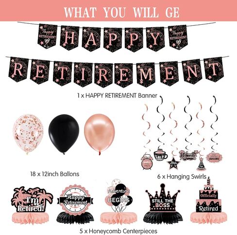 52PCS Retirement Party Decorations for Men Women,Black and Gold Happy Retirement Banners Balloons Cake&Cupcake Toppers Hanging Swirls,Office Retirement Yard Sign Congratulation Party Supplies in Saudi Arabia