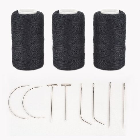 Hair Weaving Threads with 8Pcs C/J/I/T Shaped Needles Sewing Waxed Thread for Hand Sewing, Hair Extensions, Making Wigs DIY (Black-Black-Black) in Saudi Arabia