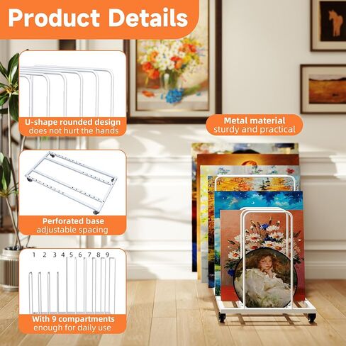 lukar Art Canvas Storage Rack with Wheels, Adjustable Art Storage Rack Metal Artwork Storage Stand for Canvas Boards, Drawing Board, Panels, Printed Matter, Paper Pad for Art Studios in Kuwait