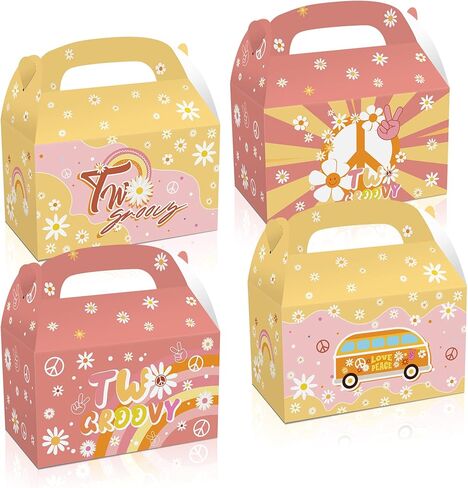Na 12pcs اثنين من صناديق الحفلات الرائعة Retro Hippie Boho Favors Boxes Goody Treat Daisy Rainbow Theme Girls Decortations Decorations Supplies for Candy Chocolate Cookies in Kuwait