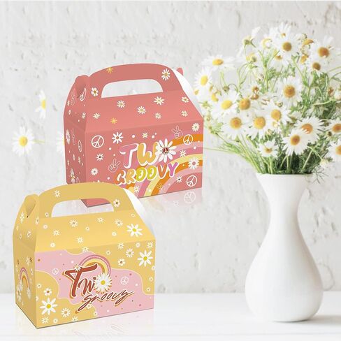 Na 12pcs اثنين من صناديق الحفلات الرائعة Retro Hippie Boho Favors Boxes Goody Treat Daisy Rainbow Theme Girls Decortations Decorations Supplies for Candy Chocolate Cookies in Kuwait
