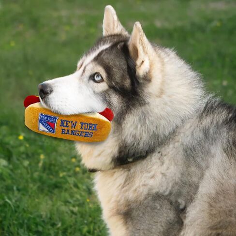 Pets First NHL New York Rangers HOT Dog Plush Dog & CAT Squeak Toy - Cutest HOT-Dog Snack Plush Toy for Dogs & Cats with Inner Squeaker & Beautiful Hockey Team Name/Logo 8 x 5 x 3 Inches in Kuwait
