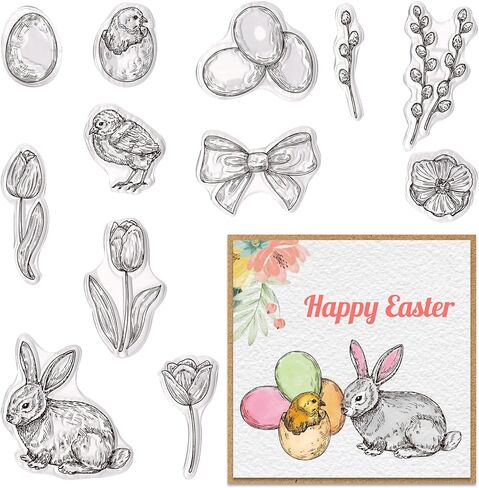 Threetols Easter Clear Stamps for Card Making, Bunny Eggs Clear Rubber Stamp Rabbit Flower Bow Stamps for Holiday Card Making Decor DIY Scrapbooking Transparent Album Decor Paper Craft in Saudi Arabia