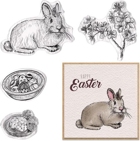 Threetols Easter Clear Stamps for Card Making, Bunny Eggs Clear Rubber Stamp Rabbit Flower Bow Stamps for Holiday Card Making Decor DIY Scrapbooking Transparent Album Decor Paper Craft in Saudi Arabia