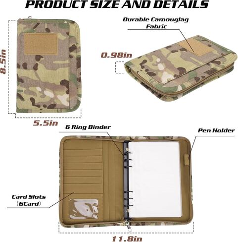 Military Padfolio Ring Binder with 80 Sheets 160 Pages of Leaf Paper, Military Notebook with Zippered Padfolio Organizer, Refillable Tactical Notebook 6-Ring A6 Notebook Paper (6.7" x 4.1") in Kuwait