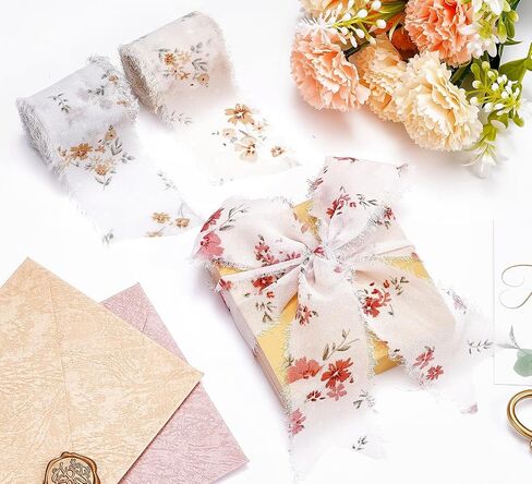 3 Roll 1.5In Wide 16 Yard Floral Chiffon Ribbon Fringe Silk Ribbon Handmade Frayed Edges Ribbon for Christmas Wedding Party Decor, Bridal Bouquet, Gift Wrapping, DIY Crafts in Saudi Arabia