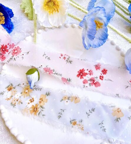 3 Roll 1.5In Wide 16 Yard Floral Chiffon Ribbon Fringe Silk Ribbon Handmade Frayed Edges Ribbon for Christmas Wedding Party Decor, Bridal Bouquet, Gift Wrapping, DIY Crafts in Saudi Arabia