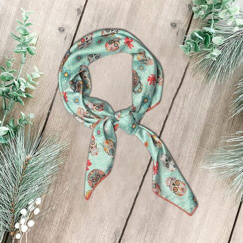 Western Cowboy Wild Rag Silk Scarf Bandana Neck Wrap Square Silky Tooled Leather Brown & Teal 38'' Scarves For Men & Women in Saudi Arabia