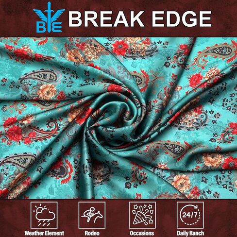 Western Cowboy Wild Rag Silk Scarf Bandana Neck Wrap Square Silky Tooled Leather Brown & Teal 38'' Scarves For Men & Women in Saudi Arabia