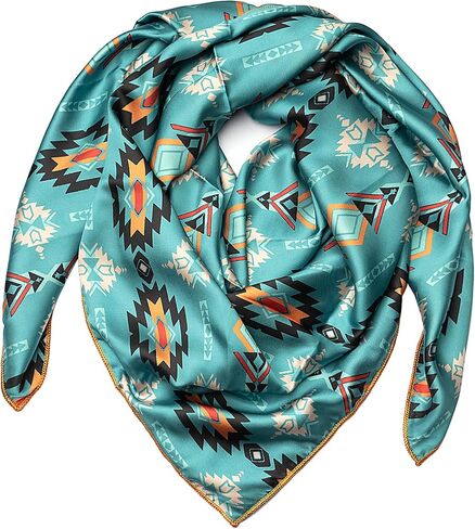 Western Cowboy Wild Rag Silk Scarf Bandana Neck Wrap Square Silky Tooled Leather Brown & Teal 38'' Scarves For Men & Women in Saudi Arabia