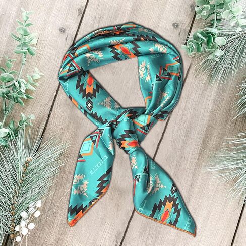 Western Cowboy Wild Rag Silk Scarf Bandana Neck Wrap Square Silky Tooled Leather Brown & Teal 38'' Scarves For Men & Women in Saudi Arabia