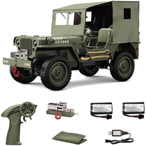 1/10 Willys MB RC Car, 2.4Ghz Military Truck 4WD RC Crawler with Turn Signal Light, Front Winch, Tarpaulin, Hobby RC Truck Off-Road Military Car, Metal Shaft, 4x4 Off Road Vehicle RTR, 2 Batteries