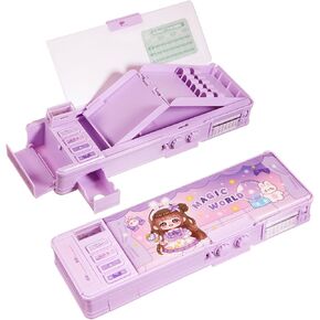Pop up Multifunctional Pencil Case Organizer Cartoon Pen Box Pencil Box with Password Lock, Sharpener, Schedule, Whiteboard, Christmas Birthday Stationery Gifts for Teen (Purple,Magic World)