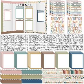 92 Pcs Science Fair Board Supplies 60 Trim Scalloped Poster Boards 18 Presentation Subtitles 6 Self Adhesive Project Titles 8 Letter Sticker for Classroom Display(Morandi,Boho)