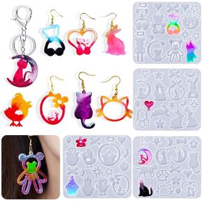 Voyyphixa 71 PCS Silicone Resin Earring Molds with Hole Bear Jewelry Resin Molds Cat Bunny Chicks Shape Epoxy Silicone Casting Moulds for Jewelry Pendant Necklace Ornament Studs