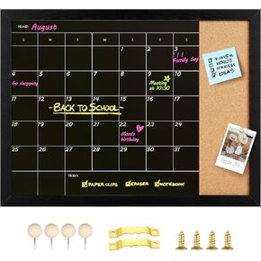 Chalkboard & Cork Board, Magnetic Surface Monthly Calendar Chalkboard & Bulletin Board, Combination Chalkboard Calendar for Wall, Decorative Black Wood Framed Memo Board(R-ZHYL-BK,4333)