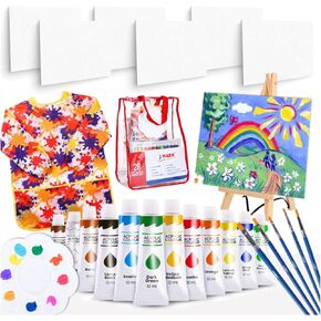 J MARK Pain Set for Kids – Acrylic Kids Painting Kit with Storage Bag, Washable Paints, Easel, Canvases, Brushes and More, Complete Kids Painting Set