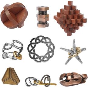 9pcs Retro Wooden and Metal Puzzles Bulk Gift for Kids, Teens, and Adults Unlock Interlock Brain Teaser Toys Game.