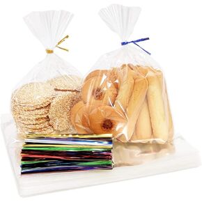 100PCS Cellophane Bags 6x9 inches, Clear Treat Bags with 4’’ Twist Ties, Plastic Cello Bags 1.4 mils Thick OPP Rice Crispy Bags for Gift Goodie Favor Candy Cake Pop Birthday Party Cookies (6’’ x