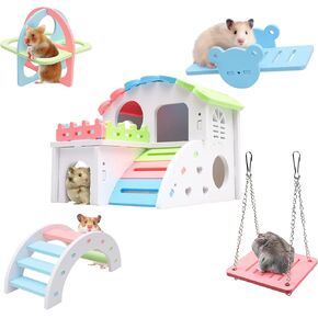 Hamster Toys Set, Improved Version 8.7 IN Large Hamster House, Wooden Gerbil Hideout, Small Animals Seesaw, Guinea Pig Sport Exercise Toys, Rainbow Bridge, Swing, Dwarf Hamster Cage Accessories