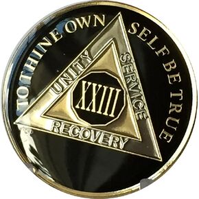 23 Year Classic Black AA Alcoholics Anonymous Medallion Sobriety Chip Tri Plate Gold & Nickel Plated Serenity Prayer