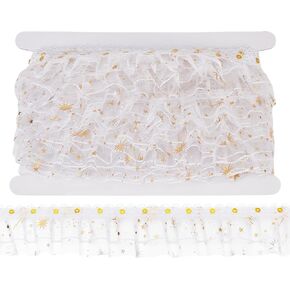 PLIGREAT 10 Yards White Pleated Chiffon Lace Trim 1.7 Inch Wide Double-Layer Ruffle Trim with Gold Sequins Trimmings Fabric Embroidery Lace for Sewing Wedding Dress Pillowcase Clothes Embellishments